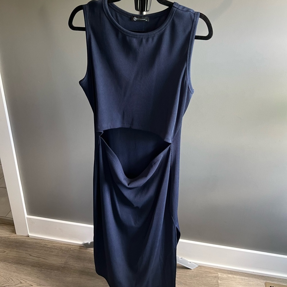 Women's Navy Ribbed Summer Midi Bodycon Dress with cutout Size XL - Picture 2 of 8
